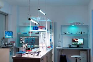 Modern laboratory for scientific research with professional equipment for studying virus. Modern lab with nobody in it ready for vaccine development against covid19 pandemic. photo