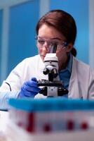 Scientist adjusting microscop pharmacy in laboratory, experiment, expertise, vaccine testing. Modern laboratory with research equipment for virus study and vaccine science development. photo