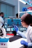 Biochemist scientist working on the laboratory to discovery a technology for a virus. Chemistry research and analysing in science medicine lab developing and stying new type of vaccin. photo