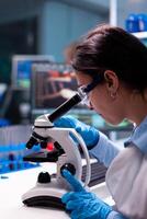 Scientist researching analyzing study virus in modern clinic facility. Research chemists working in lab with high tech analyzing blood and genetic material samples discovery, photo