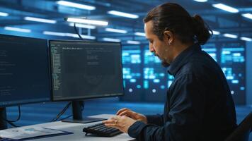 System administrator working in high tech server room capable of storing vast amounts of data, using computer. IT engineer typing on PC keyboard, upgrading servers controlling network resources photo