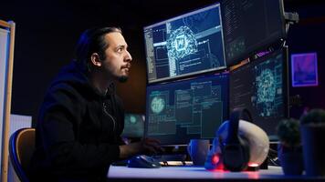 Hacker using AI technology to target vulnerable unpatched connections to steal data. Cybercriminal using artificial intelligence to compromise digital devices and gain illicit info, camera B photo