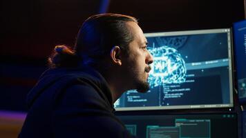 Hacker using AI machine learning to find unpatched connections and steal data. Close up shot of scammer using artificial intelligence to compromise digital devices and illegally gaining info, camera A photo