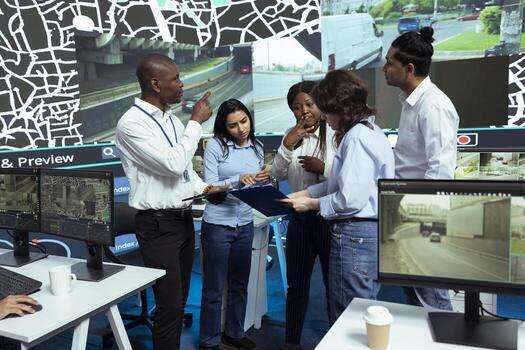 Diverse group of operators discussing ways to improve express shipping and delivery, tracking orders via gps coordinates and pin on satellite map. Gather insight on cargo logistics. photo