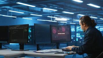 IT technician coding on computer in server farm establishment interrupted by virus attack, running to get help. IT support employee programming on PC rushing to check equipment after hacking attack photo