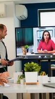 Project manager presenting company ceo discussing on at webcam during virtual business presentation. Confident businesswoman talking to web cam streaming webcast training, doing online conference call photo