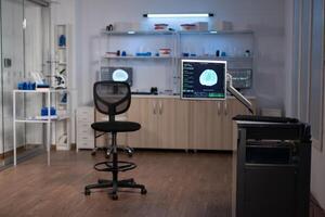Empty neuroscience laboratory with nobody in it equipped with professional high tech facility for medicine industry. Modern lab with brain information on monitor. Neurology research photo
