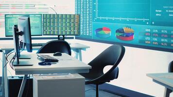 Empty business enterprise control room with a big LED screen used in monitoring organizational statistics and progress. Global firm headquarters used for briefing meetings. Camera A. photo