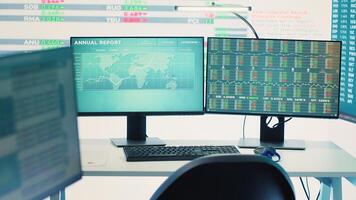 Professional enterprise workstation inside multinational company control room, monitoring budget numbers and organizational expansion progress. Empty management office. Camera A. photo
