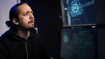 Hacker using AI machine learning to find unpatched connections and steal data. Close up shot of scammer using artificial intelligence to compromise digital devices and illegally gaining info, camera B photo