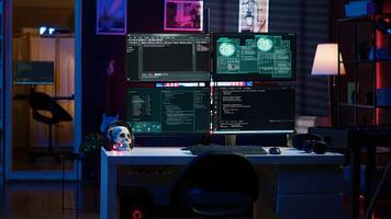 Script running on computer in secret base of operations used by hacker to steal data. Programming language on screen in empty room used by cybercriminal, attacking firewalls photo
