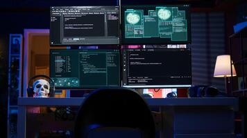 Panning shot of high tech computer system running malicious code in empty apartment. PC monitors in empty neon lit criminal hideout used by hackers to commit illegal activities photo