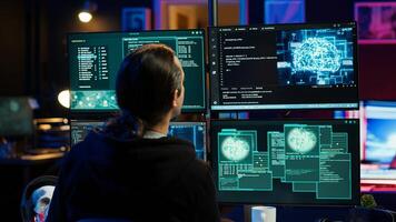 Hacker drinking coffee while running artificial intelligence spyware software designed to gather information from users. Script kiddie doing illegal stuff using AI, consuming beverage, camera A photo