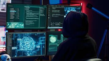 Cybercriminal using AI machine learning to develop zero day exploit undetectable by antivirus software. Hacker using artificial intelligence technology to build script tricking firewalls, camera A photo