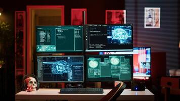 Hacker in hideout interrupted by police sirens from writing malware code on computer, running to escape before getting caught. Criminal den found by anti hacking law enforcement, camera A photo