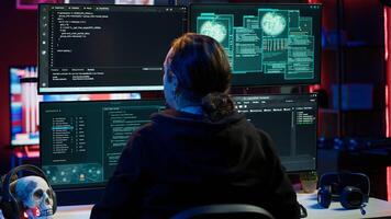 Cybercriminal uploading USB flash drive containing stolen information into computer. Scammer inserting storage device containing sensitive data obtained from security breach photo