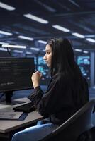 Worker checking for signs of imminent failure in data center establishment gear. Indian woman working at PC desk to prevent damages in server hub, monitoring critical systems photo