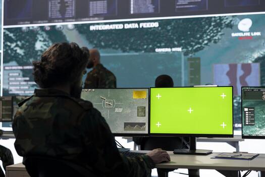 IT operator works with isolated display and tracking hostile vessels, transmitting gps location to the national guard power base. Military recruit operates on CCTV satellite system. photo