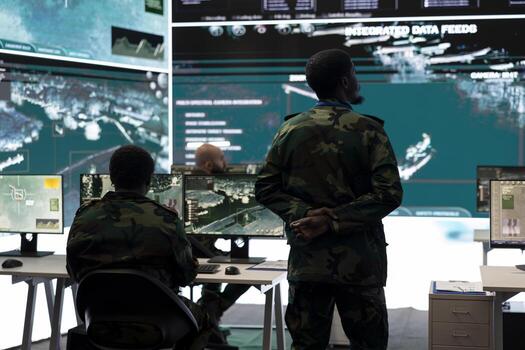 Army conscript examining crucial real time data on a big screen, gathering information for future defense program operations. Military staff analyzing satellite world map for the government. photo