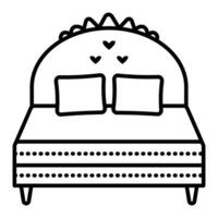 Double bed with headboard and two pillows, single black line illustration, outline monochrome sign, editable stroke, pixel perfect vector