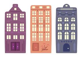 Dutch architecture, three canal houses in Amsterdam style. Set of cute colorful Netherland buildings, preppy doodle, illustration, author's interpretation, experimental art vector