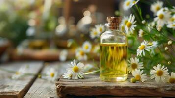 Macro View of Chamomile Flower Oil in Glass Bottle on Wooden Table photo
