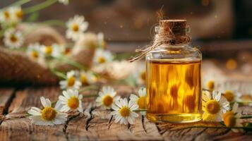 Macro View of Chamomile Flower Oil in Glass Bottle on Wooden Table photo