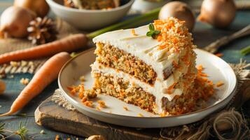 Homemade Sliced Carrot Cake on Plate Close-Up photo