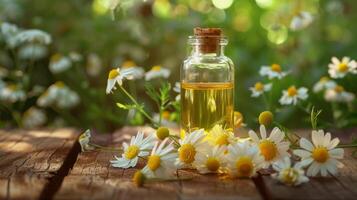 Macro View of Chamomile Flower Oil in Glass Bottle on Wooden Table photo