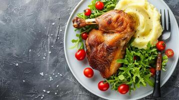 Roasted Duck Leg with Mashed Potatoes and Fresh Salad Close-Up photo