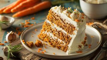 Homemade Sliced Carrot Cake on Plate Close-Up photo