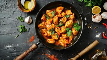 Chicken Fillet in Curry Sauce with Ingredients in Pan photo