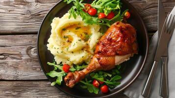 Roasted Duck Leg with Mashed Potatoes and Fresh Salad Close-Up photo