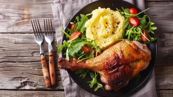 Roasted Duck Leg with Mashed Potatoes and Fresh Salad Close-Up photo