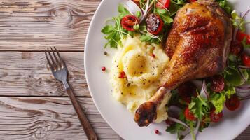 Roasted Duck Leg with Mashed Potatoes and Fresh Salad Close-Up photo