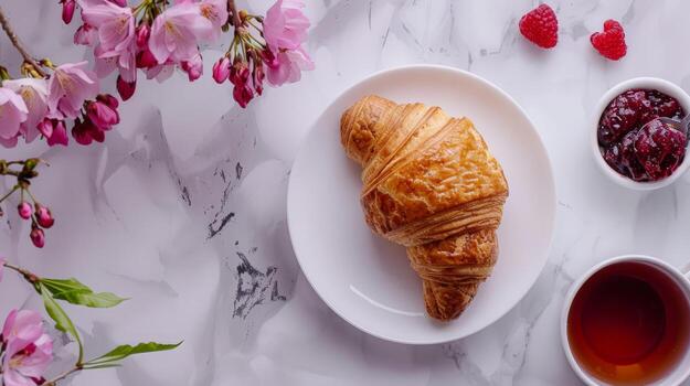 Top-View Breakfast Composition. Croissant with Raspberry Jam and Tea Set on Marble Background photo