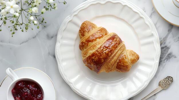 Top-View Breakfast Composition. Croissant with Raspberry Jam and Tea Set on Marble Background photo