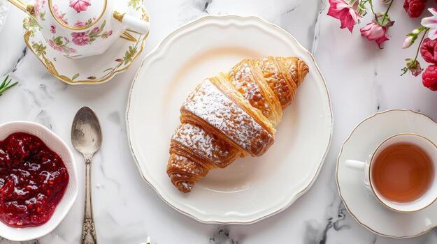 Top-View Breakfast Composition. Croissant with Raspberry Jam and Tea Set on Marble Background photo