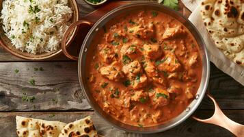Inviting Chicken Tikka Masala in Copper Pan with Rice and Naan photo