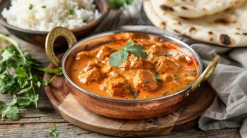 Rich Chicken Tikka Masala in Copper Pan with Rice and Naan photo