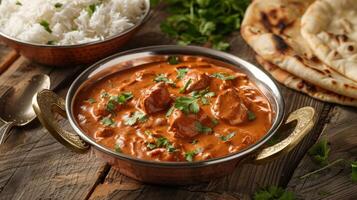 Rich Chicken Tikka Masala in Copper Pan with Rice and Naan photo
