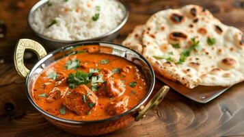 Rich Chicken Tikka Masala in Copper Pan with Rice and Naan photo