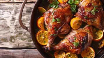 Roasted Duck Leg with Oranges and Parsley in Pan - Rustic Top View photo