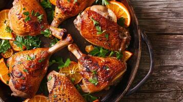 Roasted Duck Leg with Oranges and Parsley in Pan - Rustic Top View photo