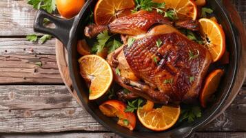 Roasted Duck Leg with Oranges and Parsley in Pan - Rustic Top View photo