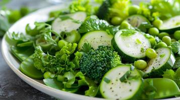 Fresh Vegan Green Salad with Snap Peas and Broccoli photo