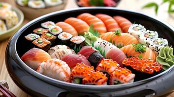 Side View of Traditional Black Sushioke Plate with Assorted Nigiri and Rolls photo