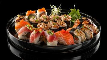 Side View of Traditional Black Sushioke Plate with Assorted Nigiri and Rolls photo