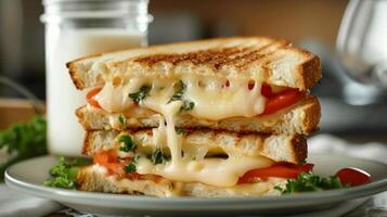 Close-Up of Cheese and Vegetable Toasted Sandwich with Melted Cheese and Glass of Milk photo