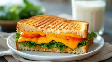 Side-View of Cheese and Vegetable Toasted Sandwich on White Plate with Milk photo